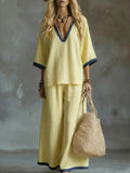 fashion women's summer two-piece set: casual solid color v-neck loose-fit short sleeve top and pants