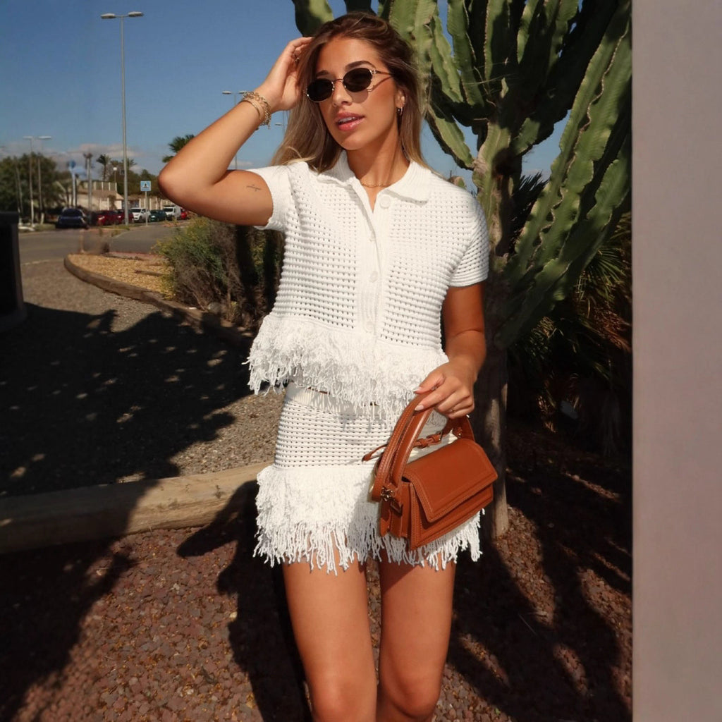 Europe, America and the United States in the summer of 2025, the new hollow tassel short-sleeved knitted cardigan + short skirt two-piece set