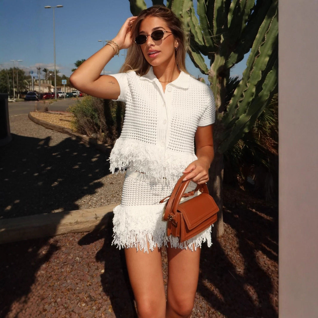 Europe, America and the United States in the summer of 2025, the new hollow tassel short-sleeved knitted cardigan + short skirt two-piece set
