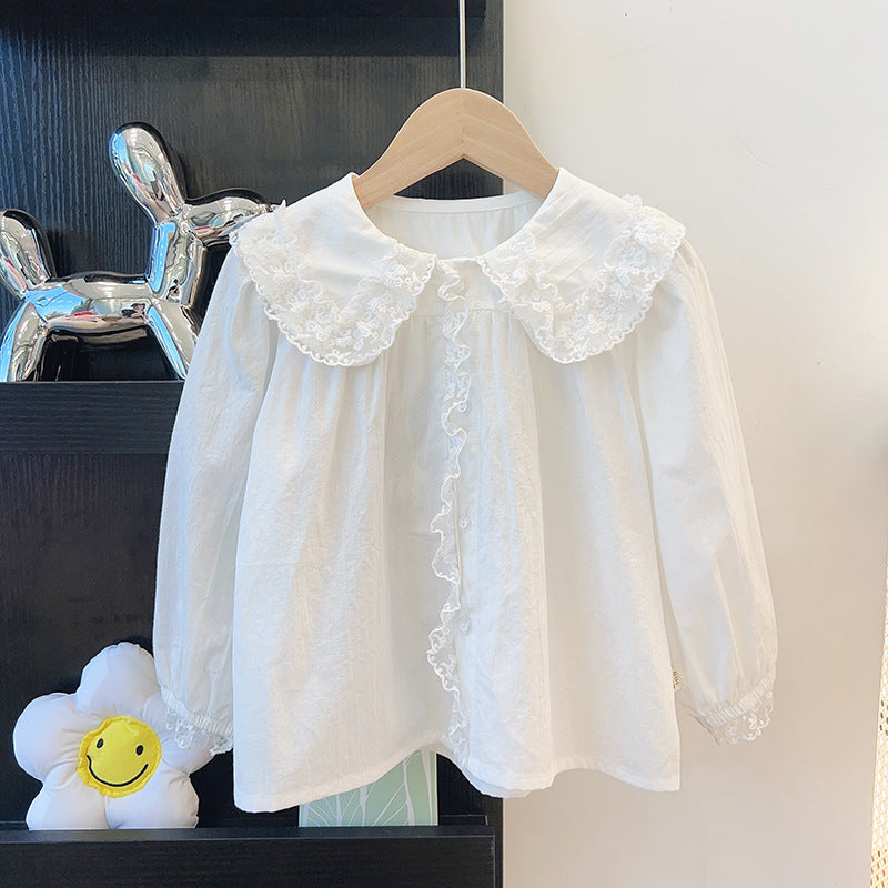 Kids'  autumn new arrival: stylish long-sleeve pure cotton shirt with peter pan collar and lace trim - korean style fashion blouse for girls