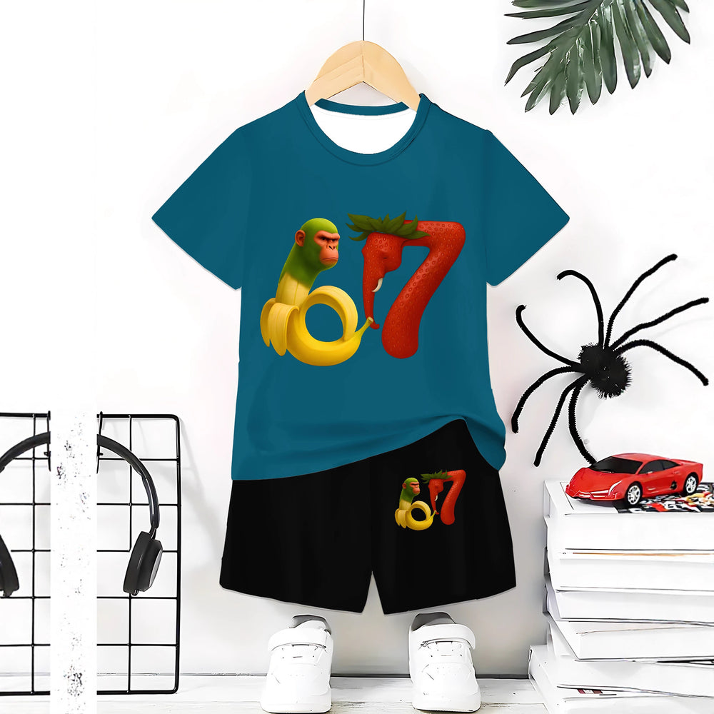 "stylish digital 67 print," perfect for summer wear, boys' outdoor sports t-shirt set