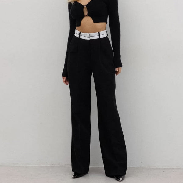 Stylish and simple contrasting color wide-leg pants women's clothing 2024 autumn commuting thin and drape black suit pants trousers wholesale