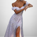 cross-border e-commerce women's fashion: european and american summer new arrivals - off-the-shoulder floral print sexy slit bodycon dress