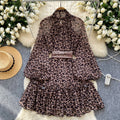 European and american style niche chic dress - women's fashionable silk scarf tie-waist lantern sleeve leopard print mesh a-line mini dress
