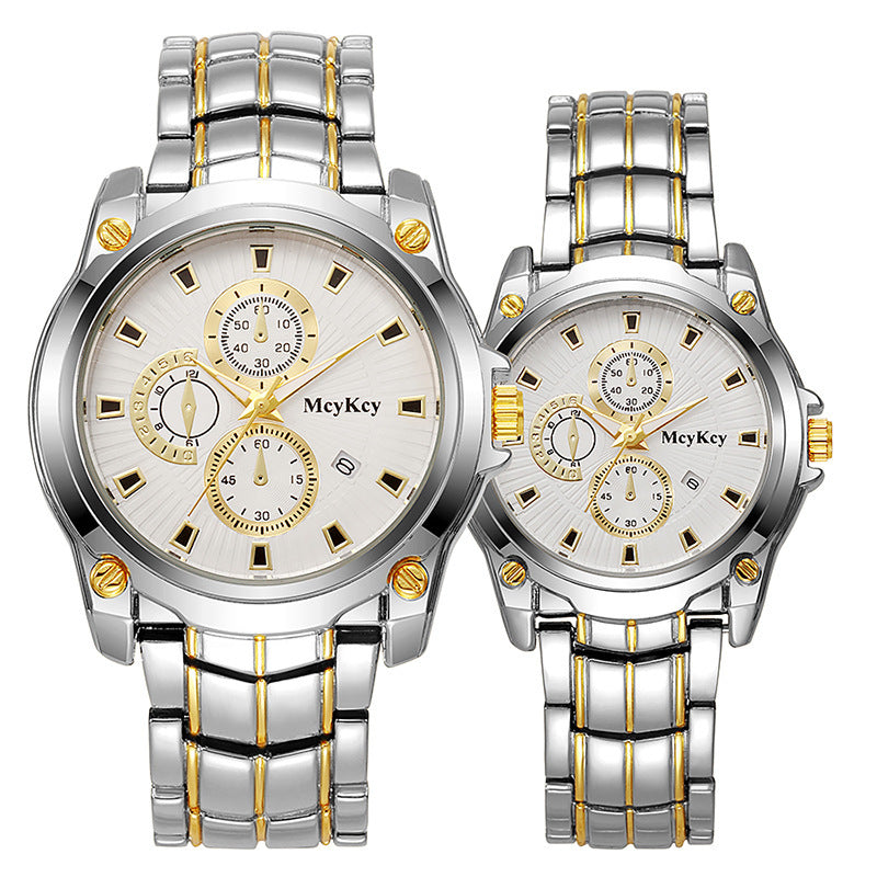 New arrival cross-border alloy couple steel band watch classic business three-eye large dial waterproof quartz watch manufacturer wholesale