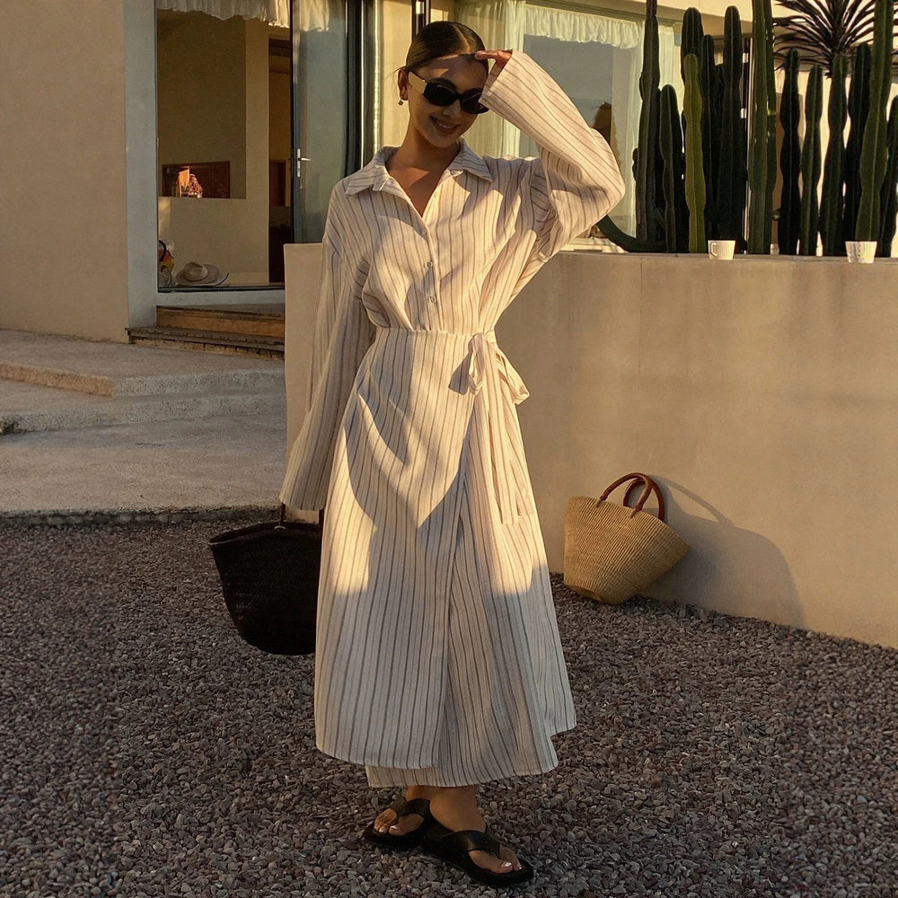 French striped shirt dress - slim fit, slit hem, tie waist, beach vacation style, two-piece look