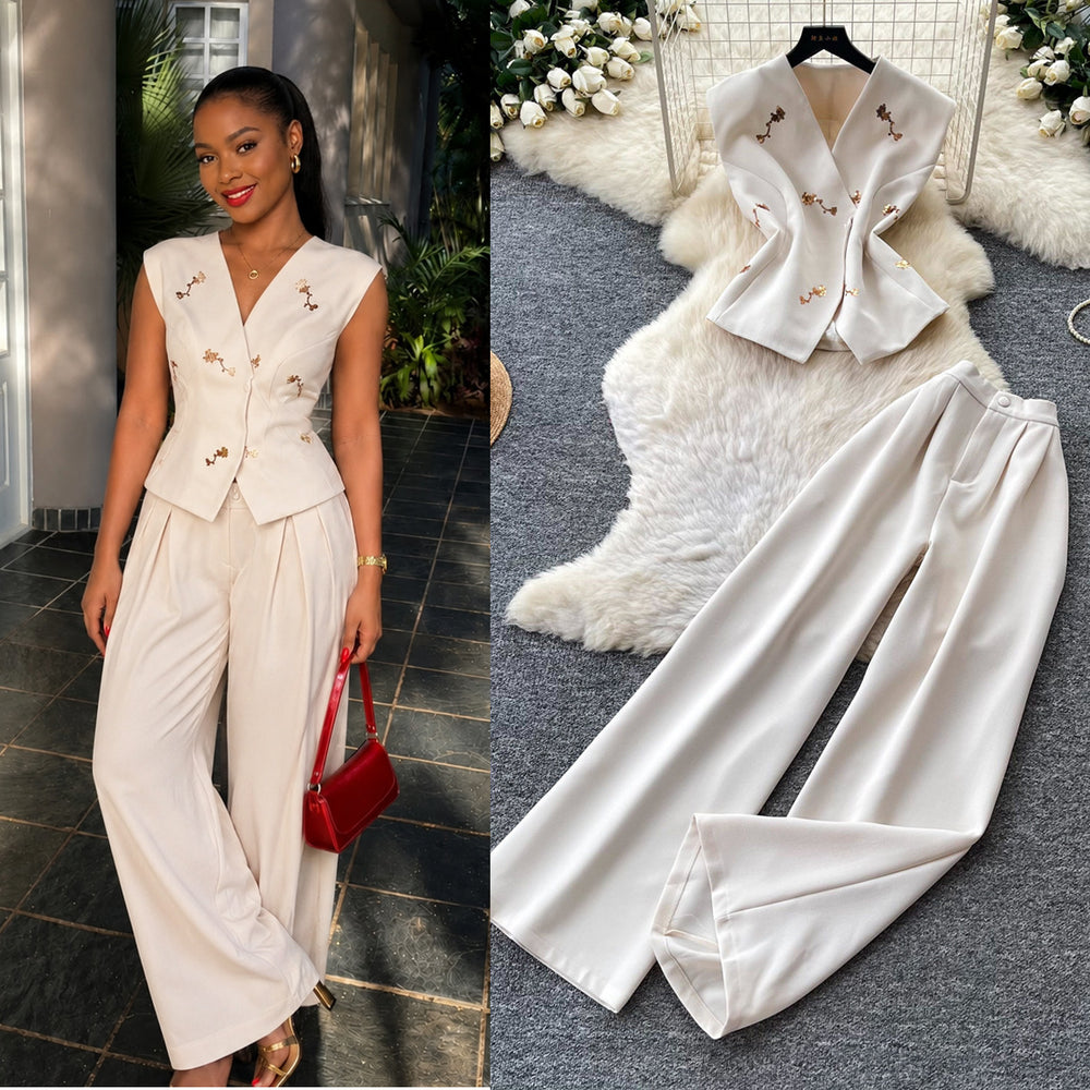 Light mature style vest high waist casualloose pants two-piece set women's summerclassy sense silmslimming look skirt suit