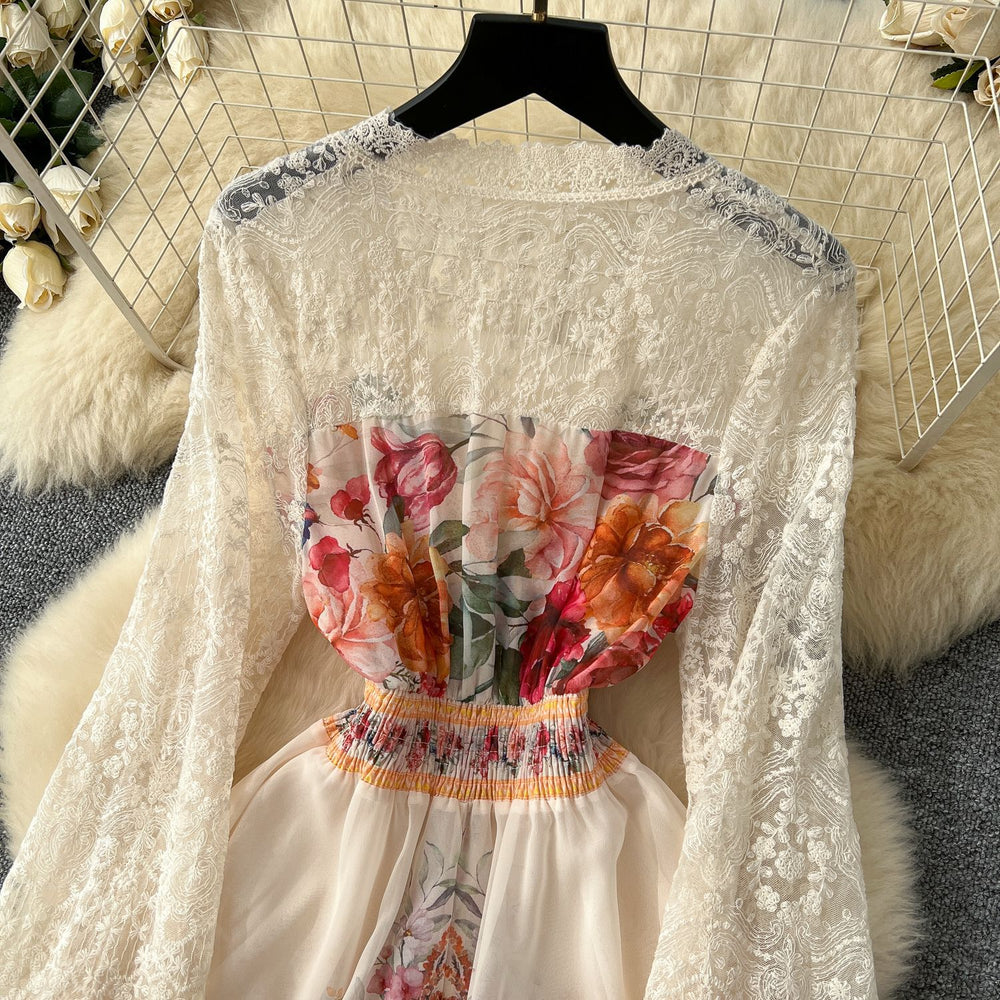 European and american fashion vacation style dress - women's spring collection - court style deep v-neck lace flare sleeve single-breasted printed maxi dress