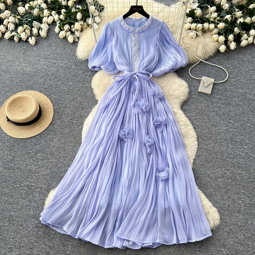 French heavy industry diamond-encrusted red elegantdress women's summerk-style waist slimming lookelegant thousand gold style long skirt