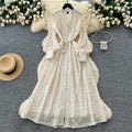 Frenchclassy stand collar v neck lantern sleeve lacedress women's waist slimming lookelegant single-breasted long skirt