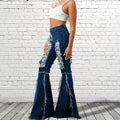 Fashionjeans women's cross-border high waist ripped micro-flared pants tassel raw edge washed silm high denim pants