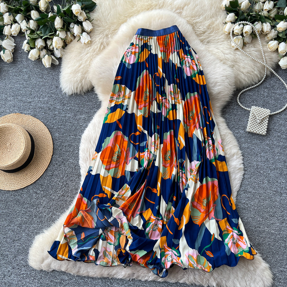 French printinghigh waistslimming looka-line pleated skirt women's summer midi skirt vacation style elegant work clothing skirt