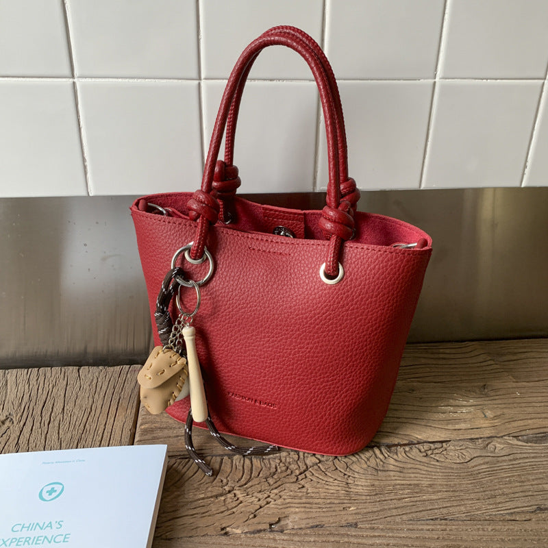 Cross-border high-end lychee pattern bucket bag women's 2025 new portable vegetable basket bag fashionable shoulder messenger bag