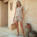 fashion  summer new striped v-neck sleeveless vest + shorts set - linen feel