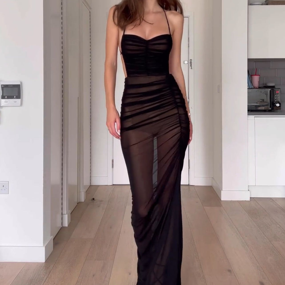Amazon  independent station cross-border best selling women's sexy see-through high slit backless suspender dress