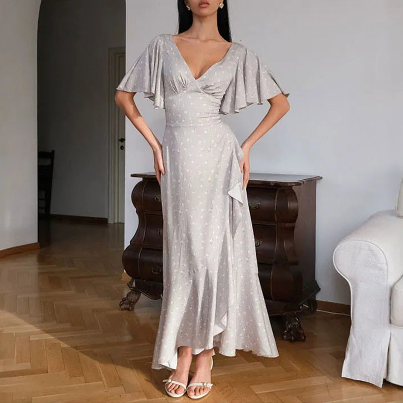 european and american export women's summer new fashion v-neck printed ruffle sleeve cinched waist beach vacation dress