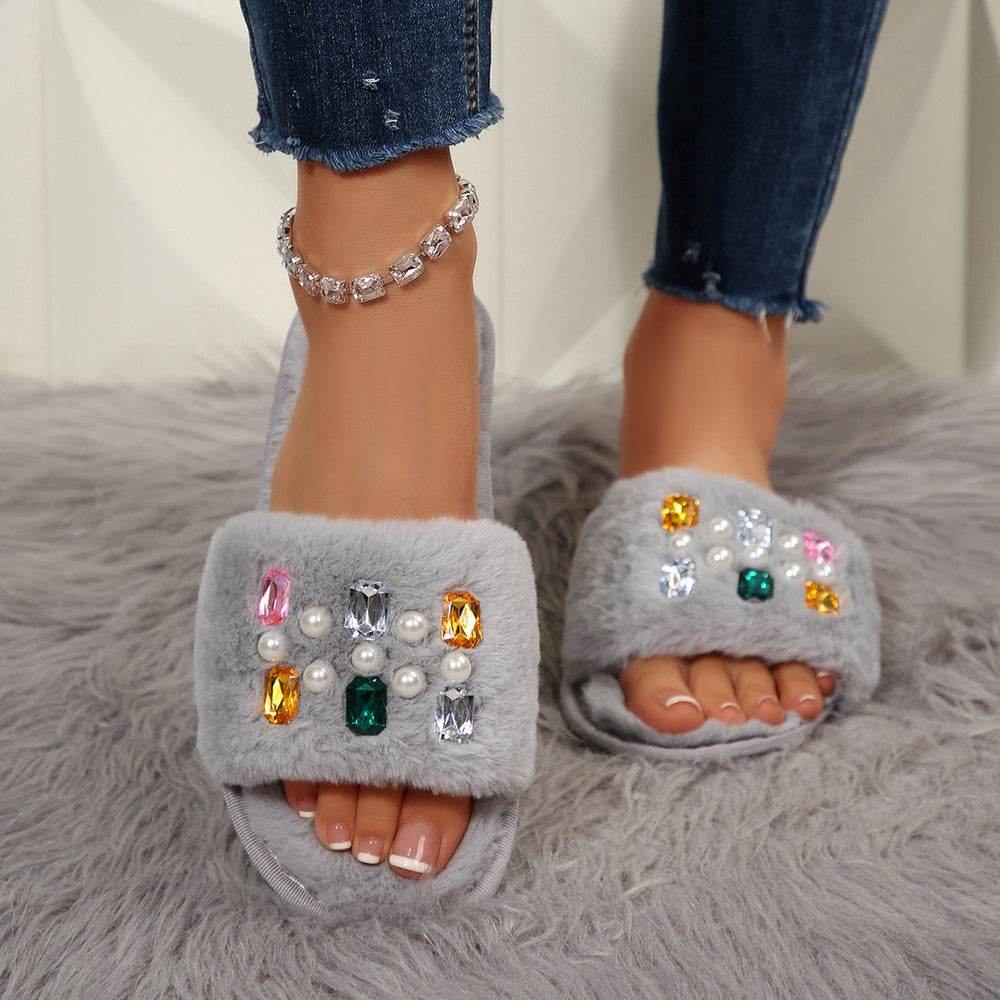 Exportplus size fur slippers 25 years european and american rhinestone women's slippers independent station fur slippers spot wholesale women