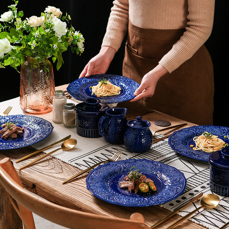 Embossed blue steak plate french western dinner plate personalized retro style ceramic milk jug sugar bowl suit tableware wholesale