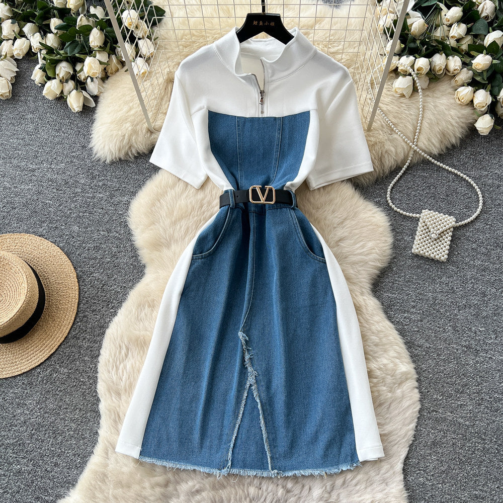 Korean style faux two-piece denim patchwork slit dress - women's summer short sleeve v-neck slimming a-line dress