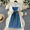 Korean style faux two-piece denim patchwork slit dress - women's summer short sleeve v-neck slimming a-line dress