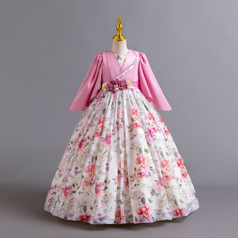 New floral girl's dress chiffon long sleeve princess dress first birthday piano performance dress baby dress