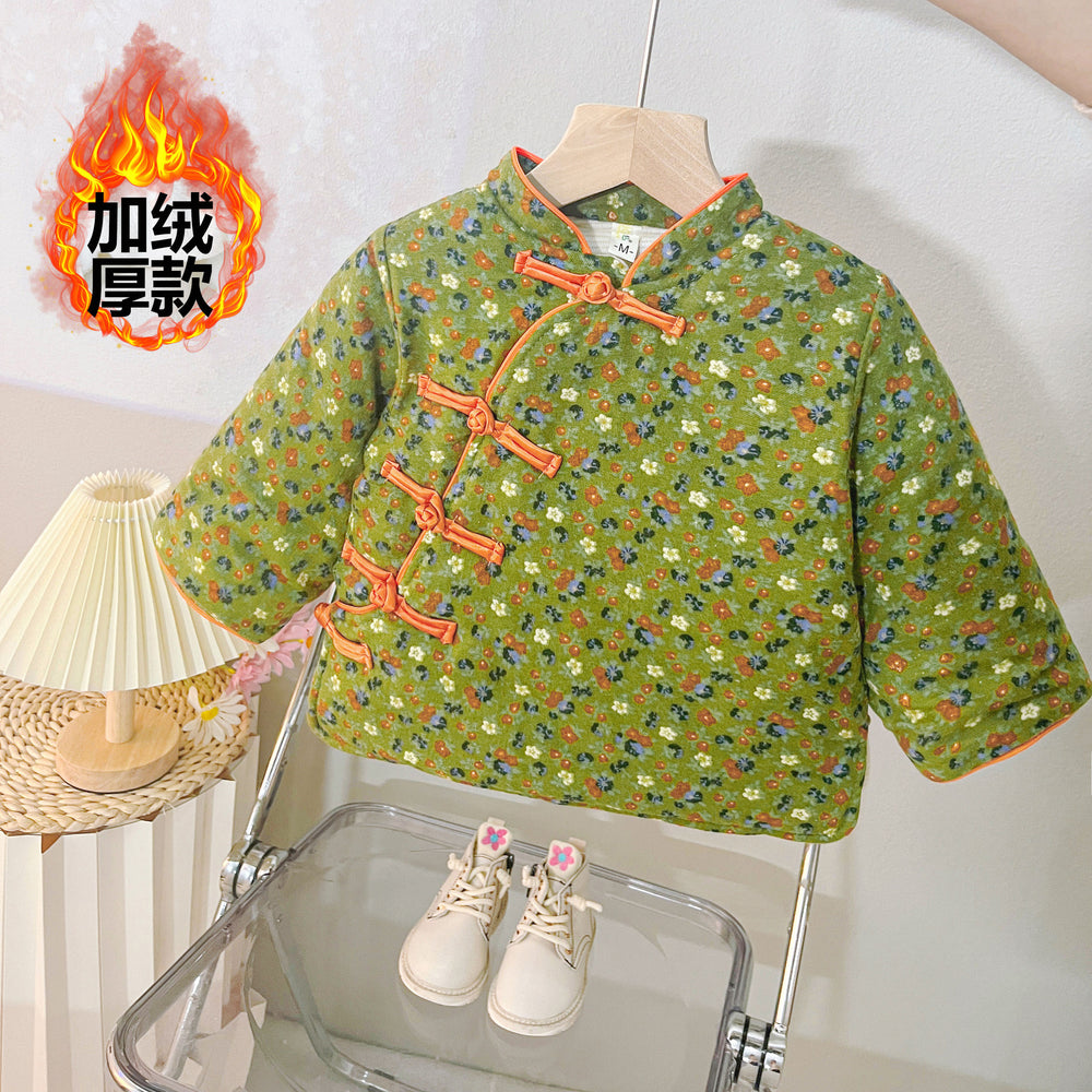 Winternew arrivalgirl floral cotton jacket baby printing floral fleece-linedthickened new year's greetings clothing for children and young children outwear cotton jacket
