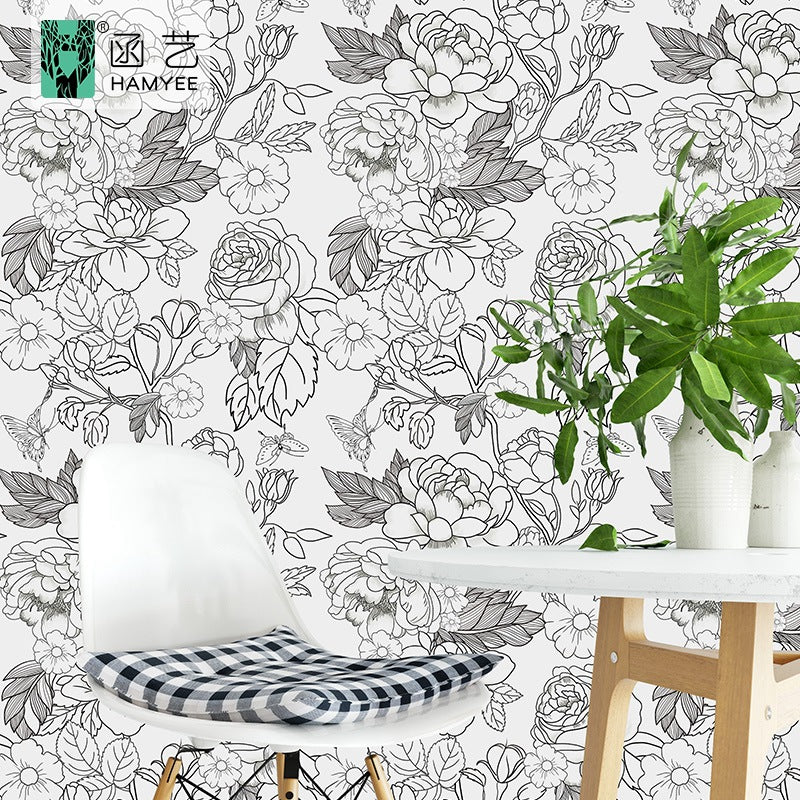 Cross-border sketch flower wallpaper thickened waterproof PVC wallpaper self-adhesive background wall decoration personalized wall sticker cloth with glue