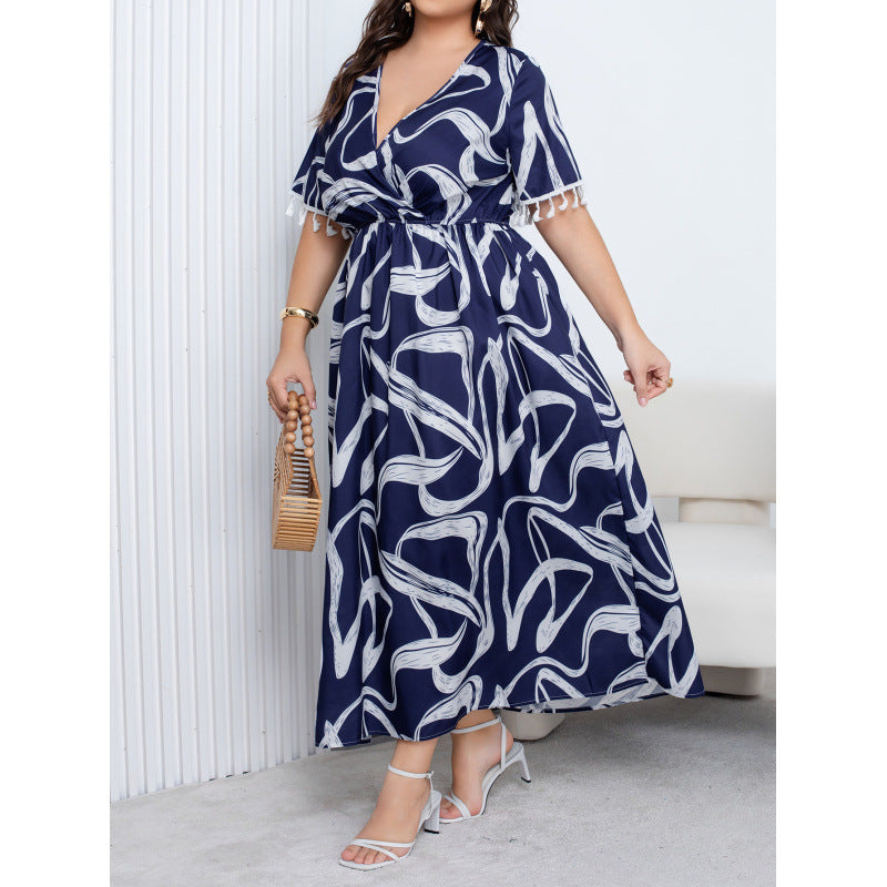 plus size cross-border new arrival  women's original elegancev neckprintingdress cuff flow