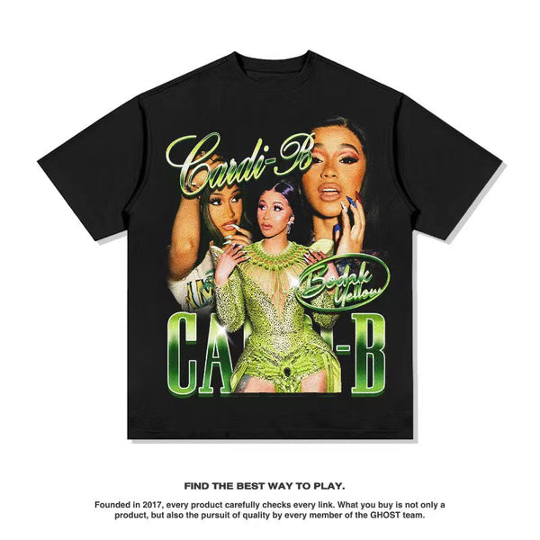 FC1265 European and American   specializes in fashionable street American retro washed and old Cardi B printed T-shirts