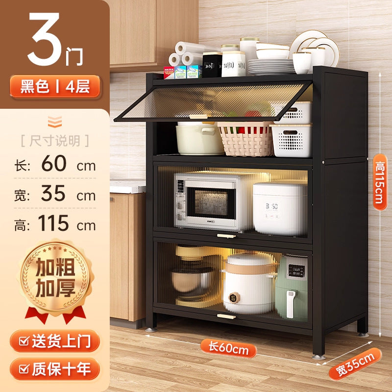 Multifunctional kitchen storage rack with cabinet doors, floor-standing, multi-tier, dustproof storage cabinet for microwave, pots, pans, and bowls