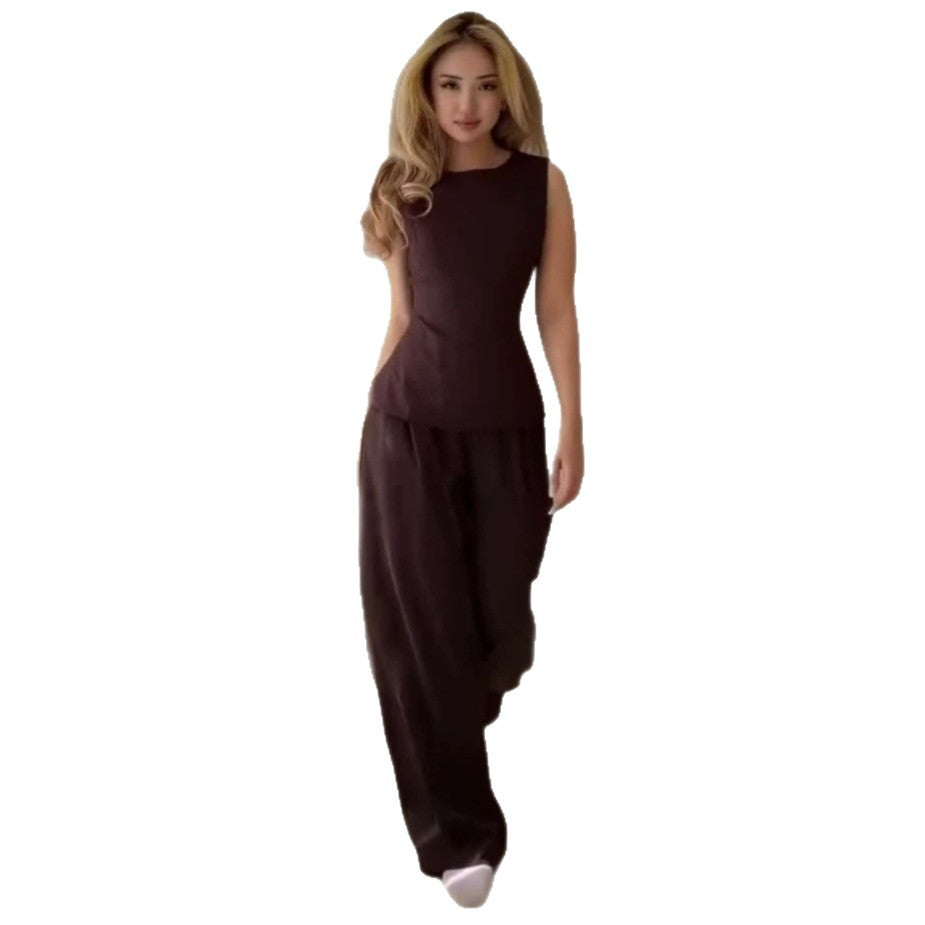 Amazon cross-border export women's clothing new boat neck sleeveless slim vest topscasualslimming look wide leg pants suit