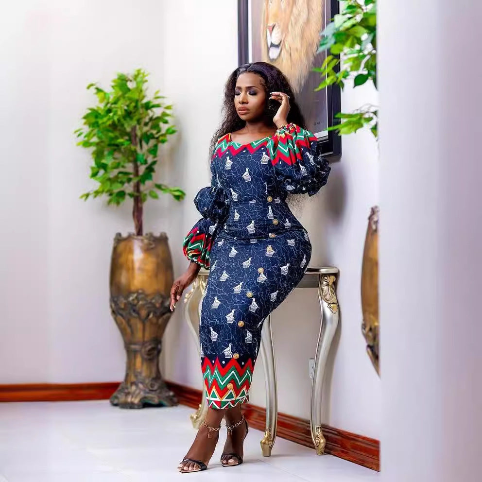 European, american, and african fashion cross-border  new print slim-fit maxi dress with lantern sleeves - special offer