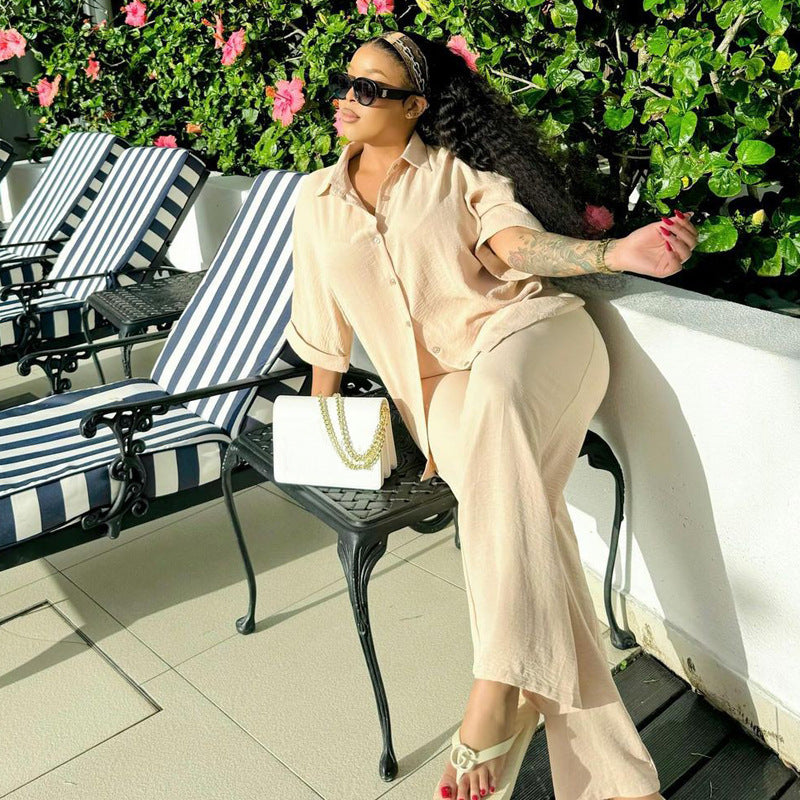 Cross-border Africa  Fashion Casual Loose Short Sleeve Shirt Cardigan Pants Set Women's Two-piece Set Women's