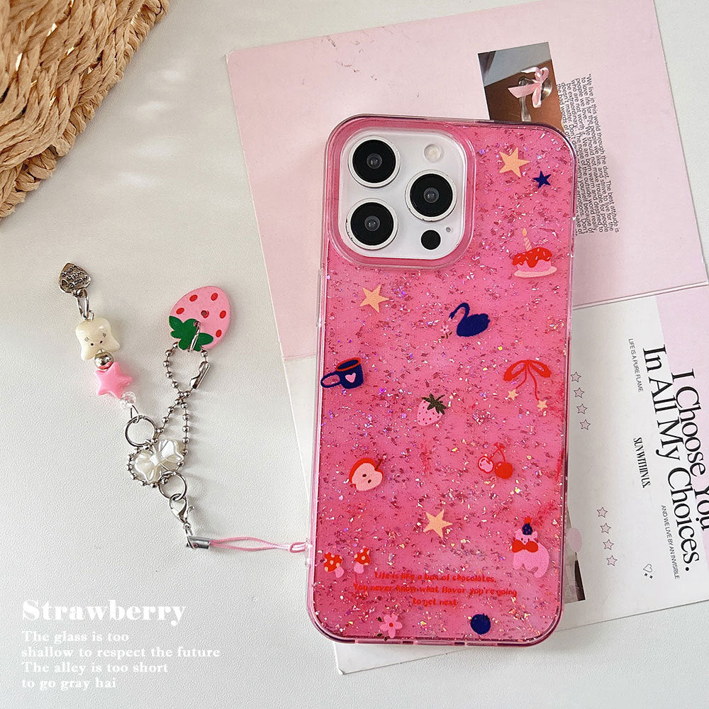 Suitable for iphone 16 pink glitter sequin mobile phone case apple 17 cute strawberry girly heart anti-fall glue case