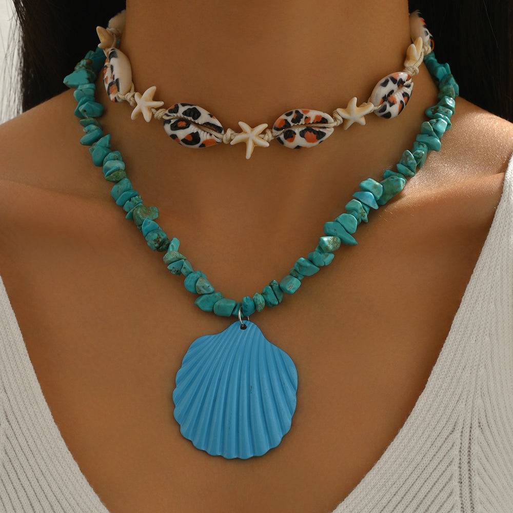 Wholesale seashell pendants - new cross-border beach starfish necklace for women - fresh, colorful crushed stone summer ocean choker