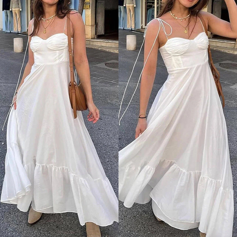 cross-border e-commerce women's fashion: european and american summer new arrivals - elegant solid color high-waisted spaghetti strap maxi dress 661