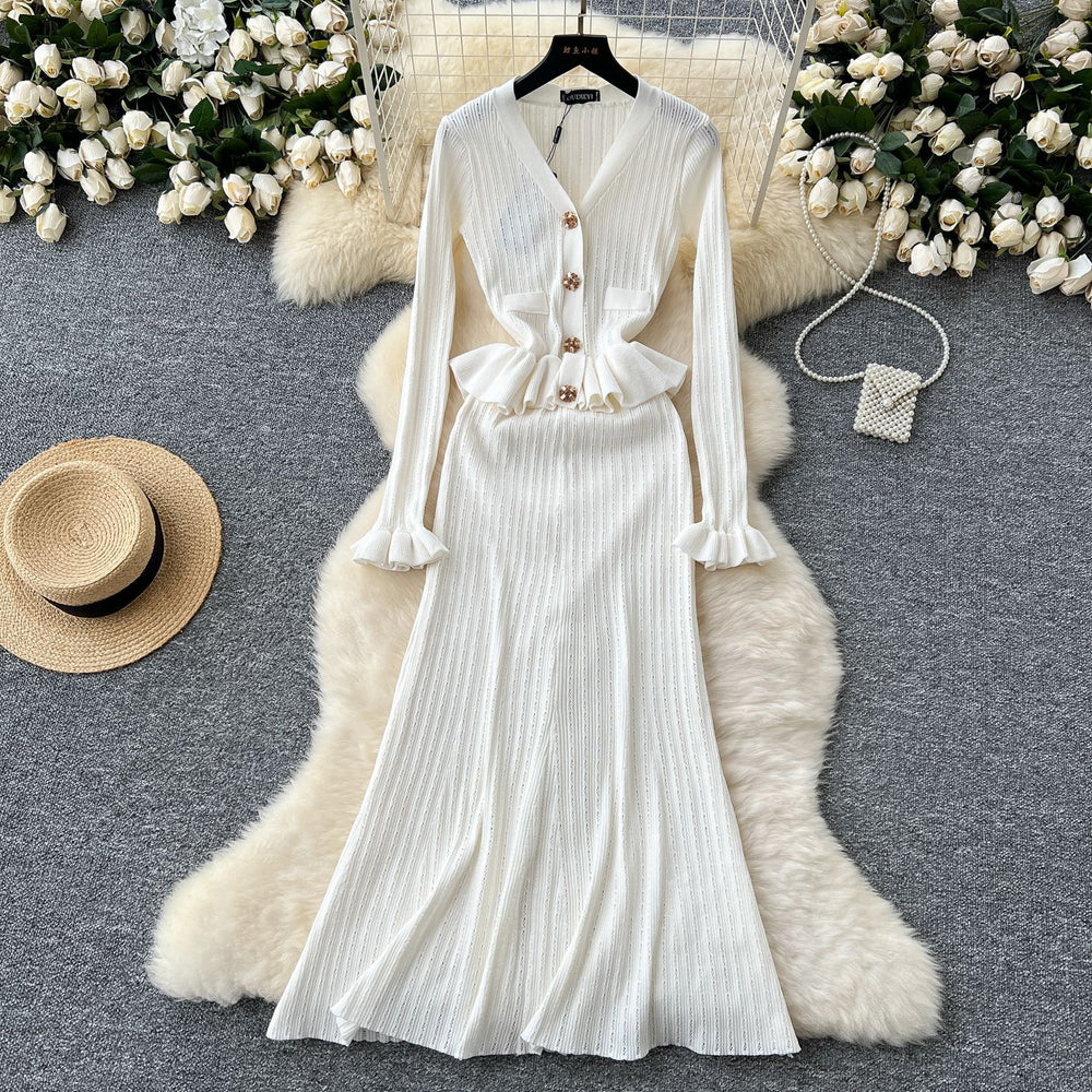 Luxury chic women's dress - autumn  collection: slim-fit knit maxi dress with metallic buckle detail, inspired by chanel