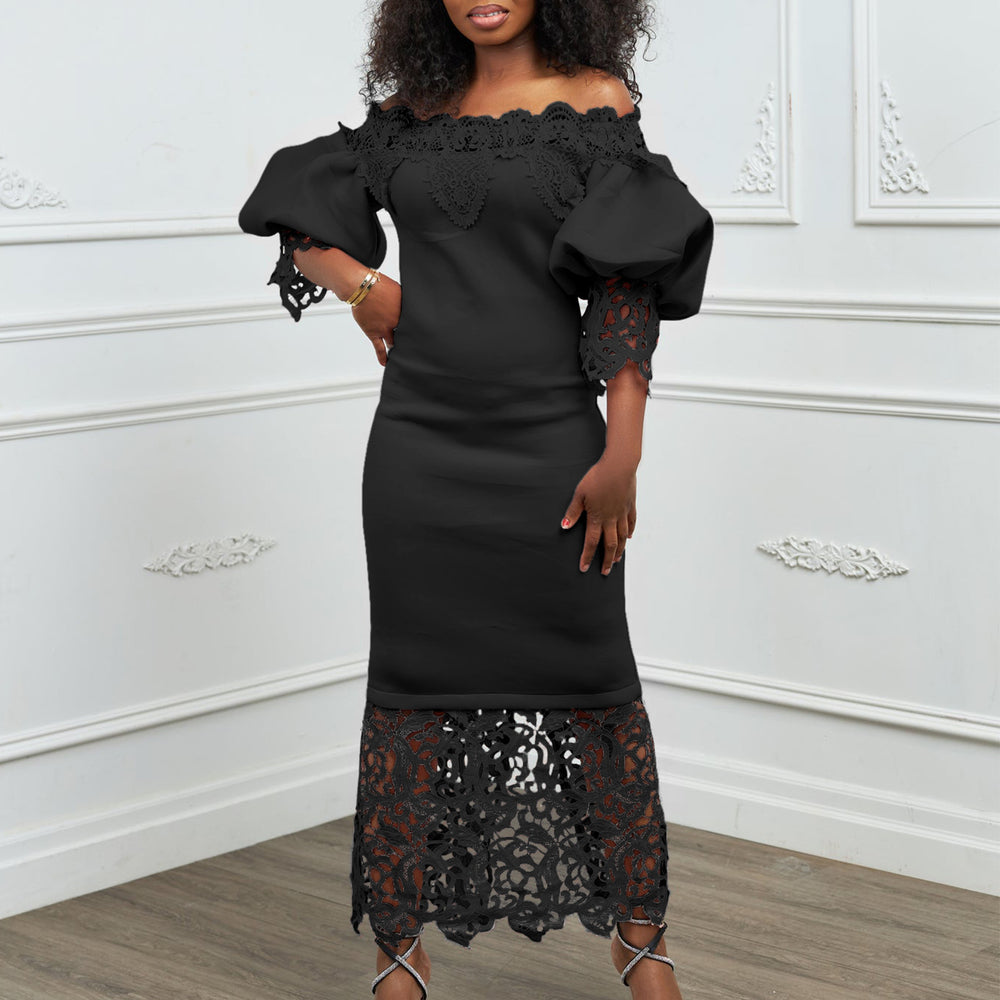 women's new one-line collar lacepatchwork banquet evening dress lantern sleeve ol bridesmaid dress exportdress