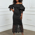 women's new one-line collar lacepatchwork banquet evening dress lantern sleeve ol bridesmaid dress exportdress