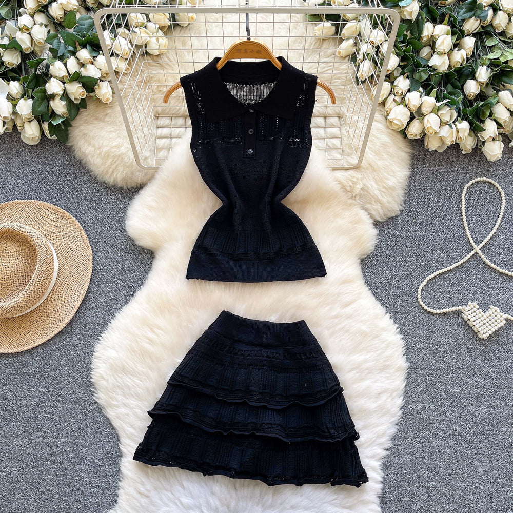 Summer's hottest outfit: french chic sweet pink polo sleeveless vest + pleated midi skirt set