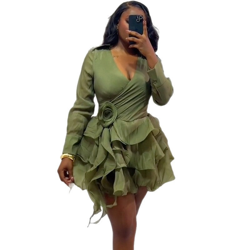 European and american cross-border women's fashion:  summer new arrival - elegant and stylish v-neck, 3d floral appliqué, ruffle hem mini dress