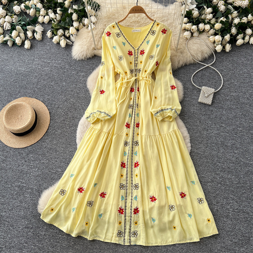 Ethnic embroidered tie-waist dress - women's summer long sleeve v-neck a-line maxi dress - elegant & chic