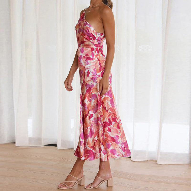 european and american women's fashion printed asymmetrical neck ruffle hem summer dress - custom design and manufacturing available