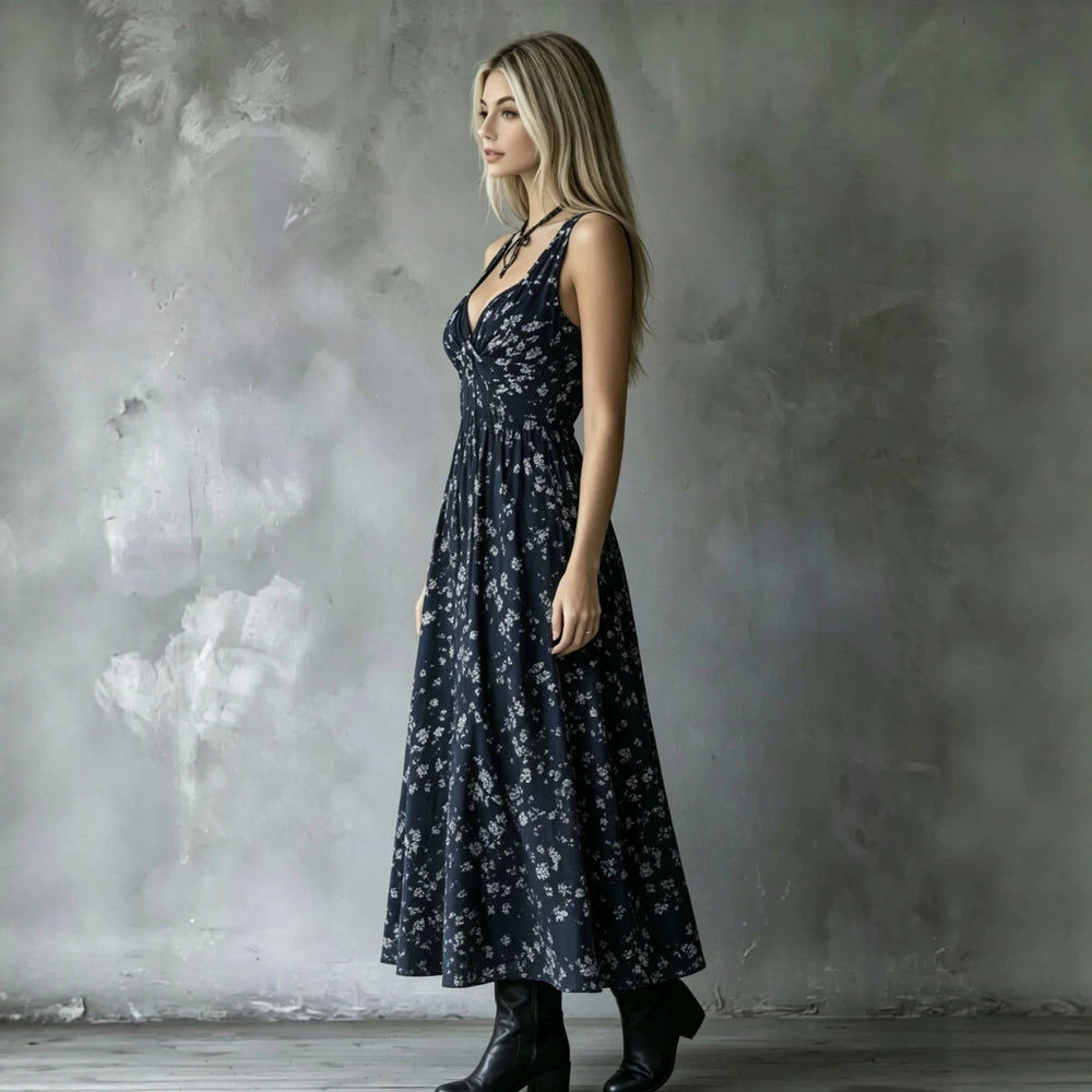 european and american halter floral dress -  bestseller, v-neck, slim fit, vacation style midi dress - cross-border e-commerce