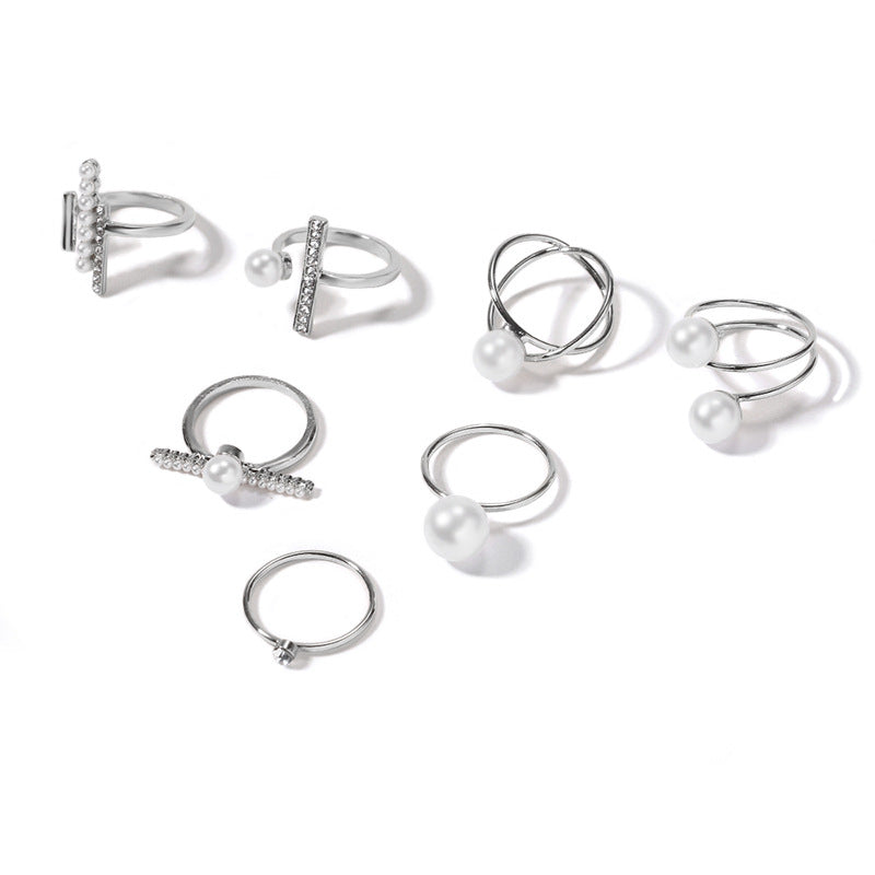 Wholesale alloy rings: european & american cross-border jewelry, women's high-end fashion, french minimalist pearl stacking ring set