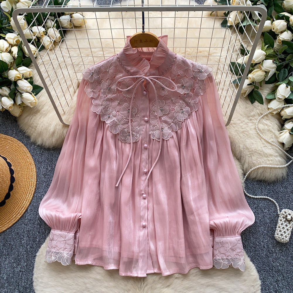 French chic pink bow ruffle hem blouse - women's long sleeve, age-defying, stylish, and high-end top - autumn  collection