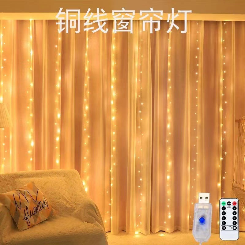 Cross-border LED copper wire curtain light USB remote control light string Christmas atmosphere decoration small lights flash wholesale