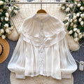 French retro court style wood ear trim blouse - women's early spring outfit, long sleeve ruffle detail, designer commute top