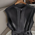 plus size french sleeveless top with stand collar, single button, chest pleat, tie waist, semi-sheer and flowy
