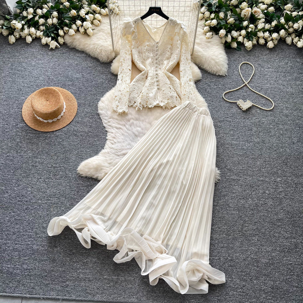 French chic v-neck lace top & high-waisted pleated skirt two-piece set - autumn's elegant & luxurious choice